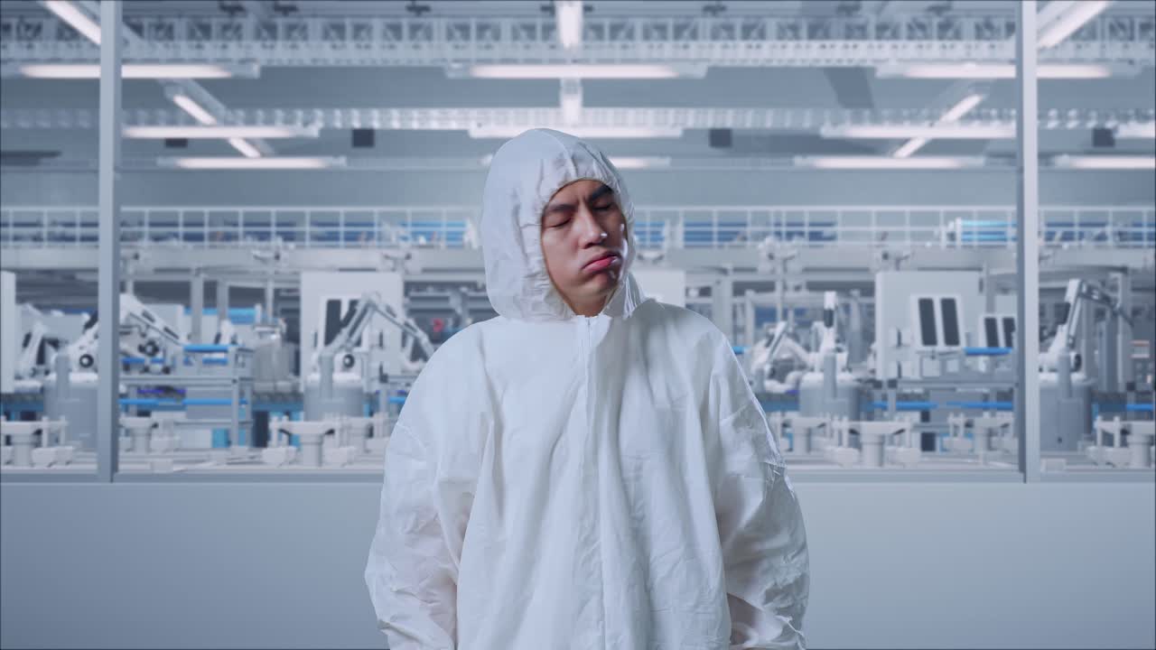 自動化されたロボットで現代の研究室の工場に立っている間頭痛を抱えているアジアの男性科学者