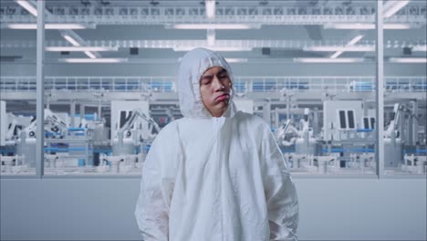 científico masculino asiático con dolor de cabeza mientras está de pie en una fábrica de laboratorio moderno con robots automatizados