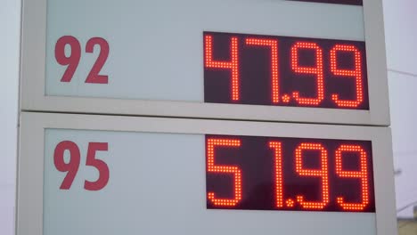 fuel prices. high prices for 92 and 95 gasoline. red led displays at gas station