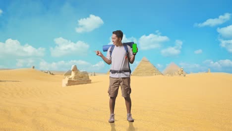 smiling tourist with backpack in the egyptian desert