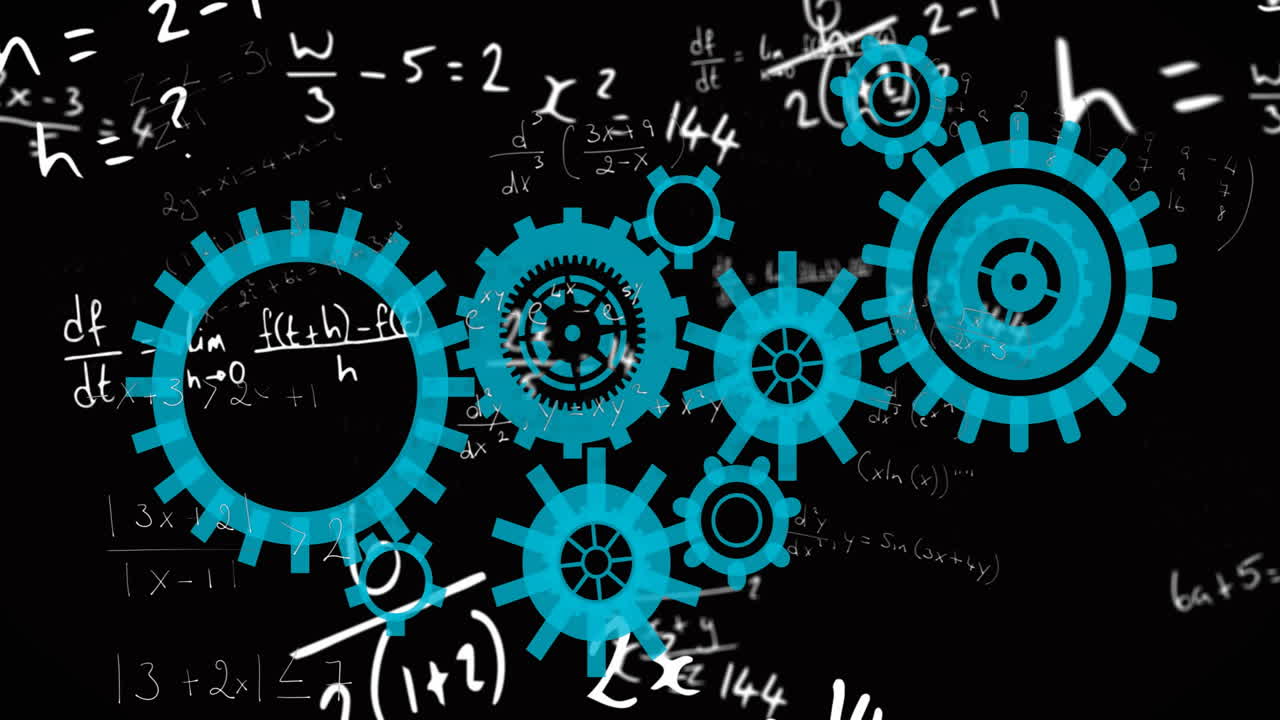 Interlocking blue gears over animation of mathematical equations on black background