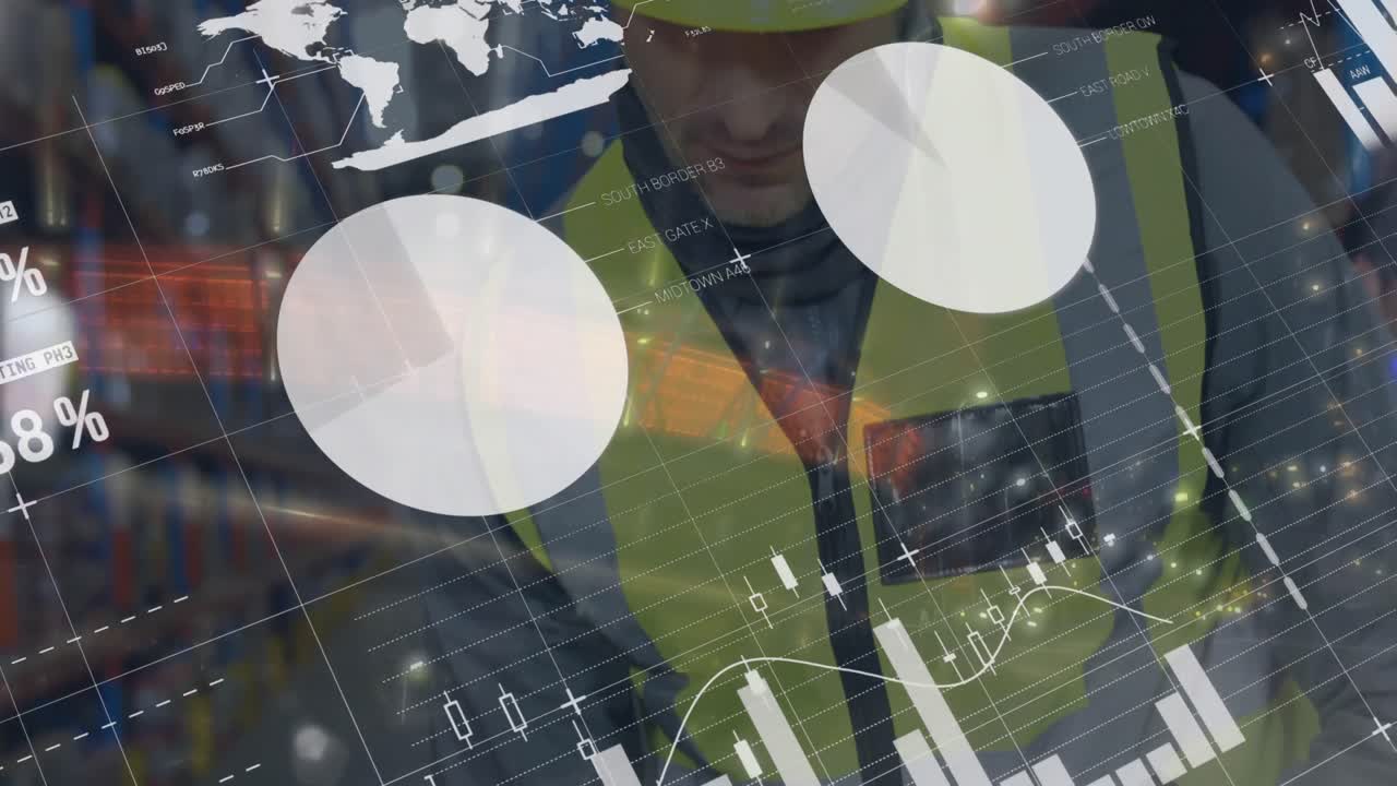 animación de gráficos y datos sobre un trabajador de almacén caucásico usando una tableta