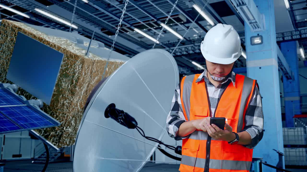 ingeniero que trabaja con paneles solares y satélites en instalaciones industriales