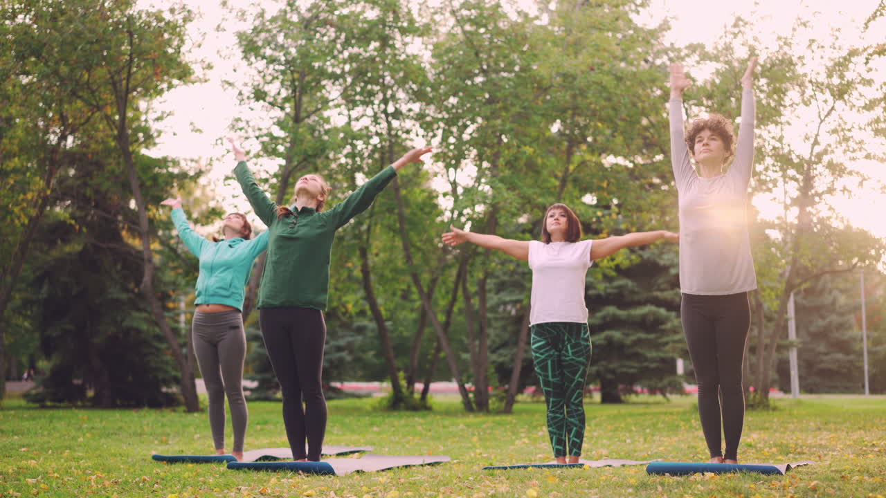 공원 에서 야외 에서 요가 를 연습 하는 여자 들