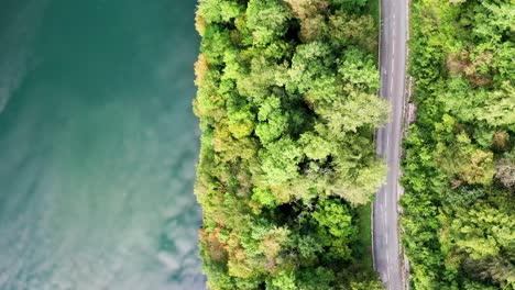 Clouds-reflected-in-deep-green-blue-water-of-river-through-forest-with-small-road,-aerial-drone