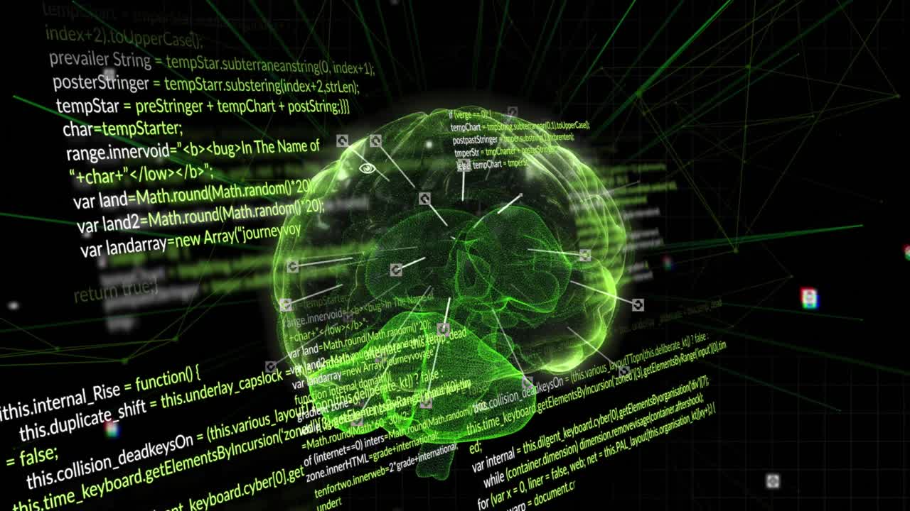 animación del procesamiento de datos y el cerebro en fondo negro