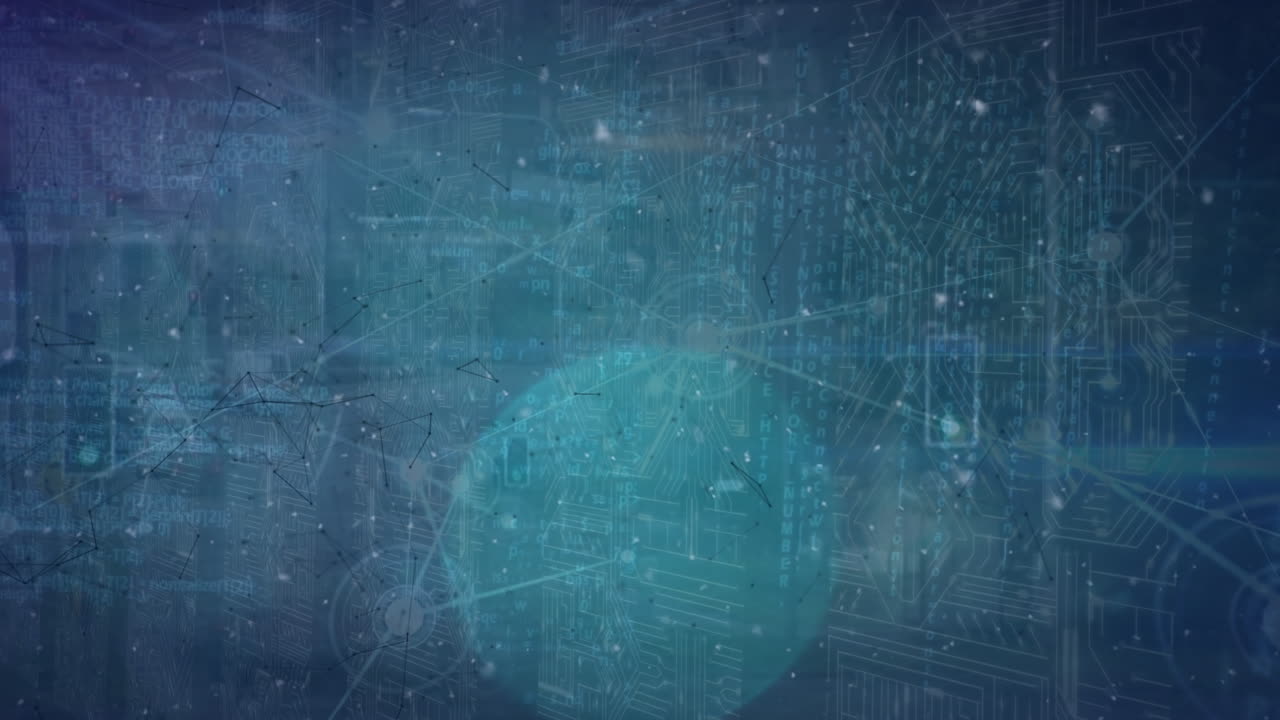 Animation of digital screen with circles, connections and integrated circuit