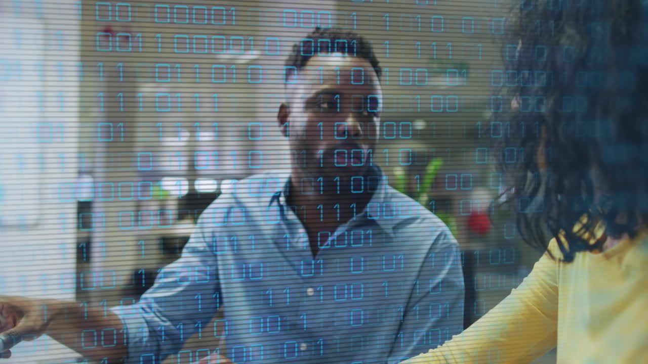 Animation of data processing over diverse business people in office