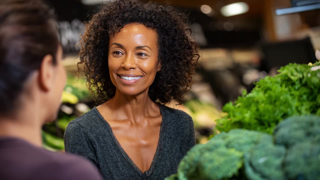 Engaging Conversation Between Two Women in a Grocery Store's Fresh Produce Section, Highlighting the Importance of Healthy Eating and Community Interaction with Fresh Vegetables in View