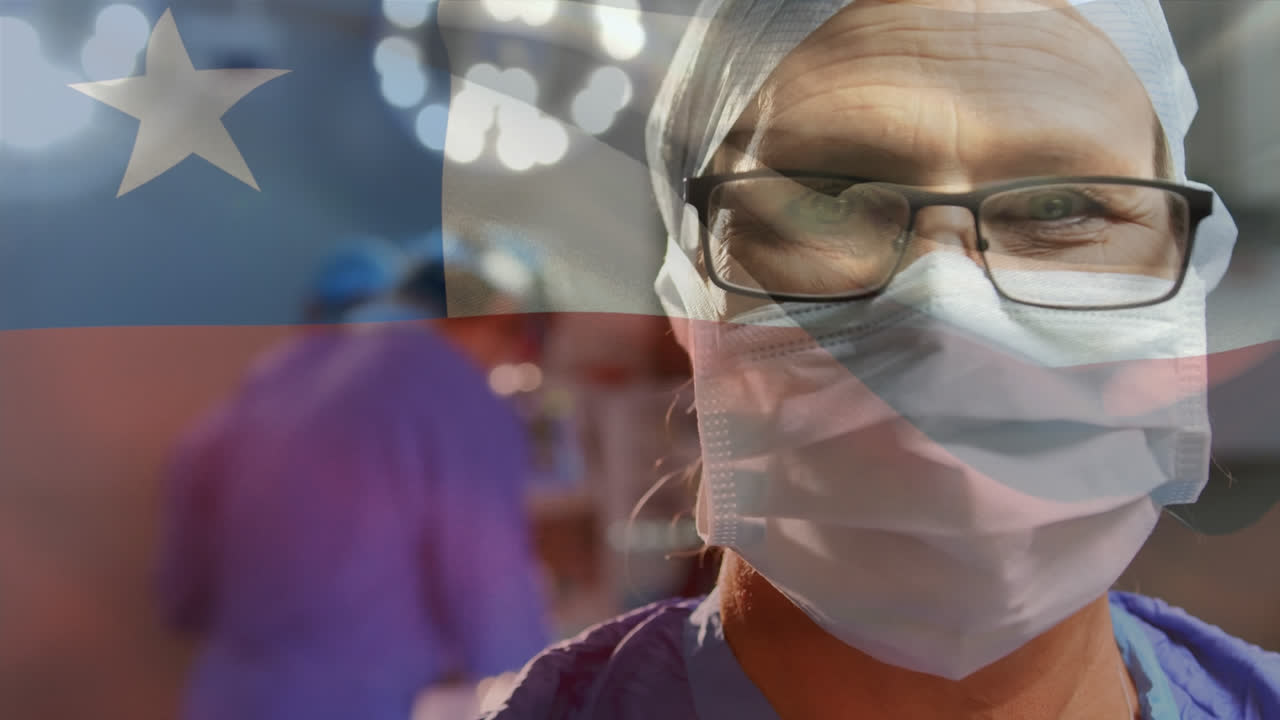 Animation of chile flag over portrait of caucasian female surgeon in surgical mask at hospital