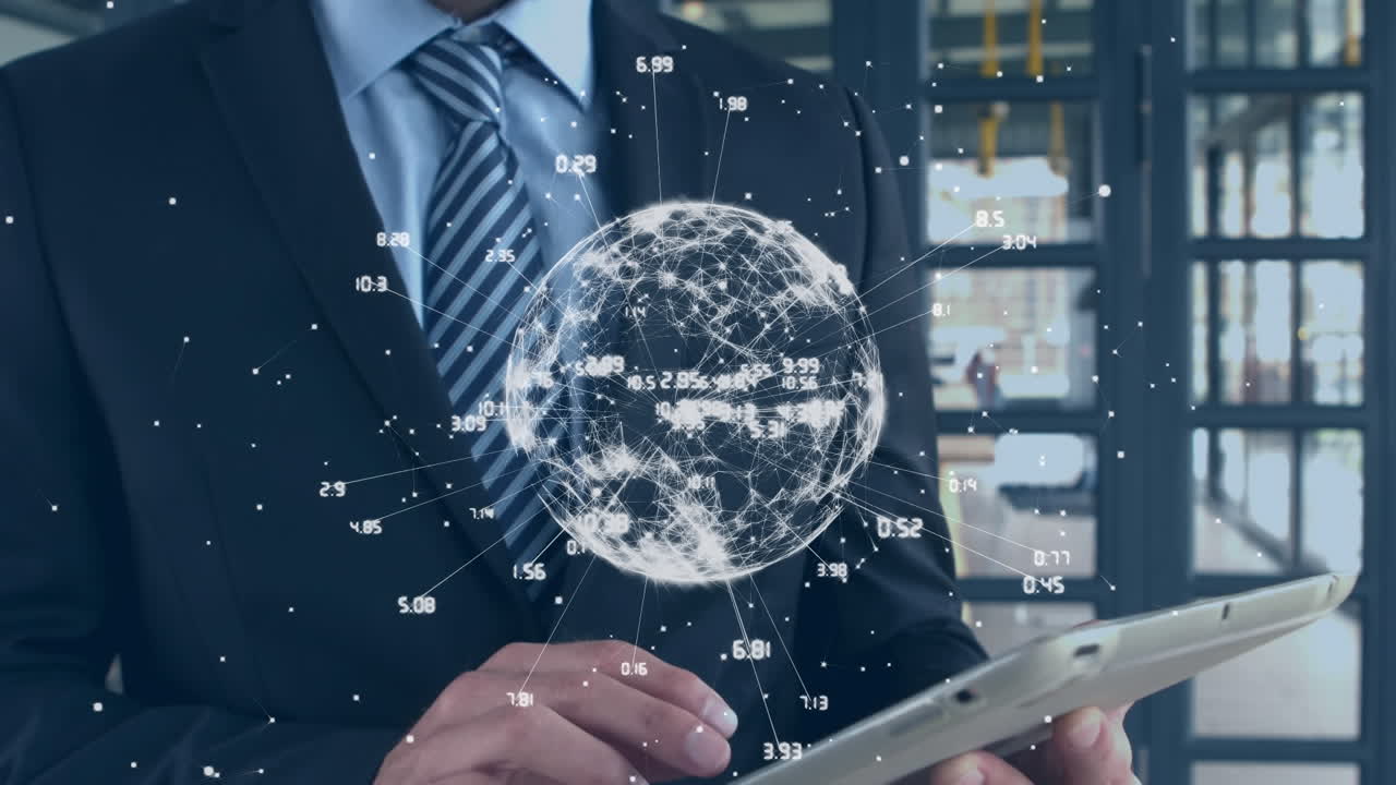 태블릿을 사용하는 사업가에 대한 글로벌 네트워크 및 데이터 처리 애니메이션