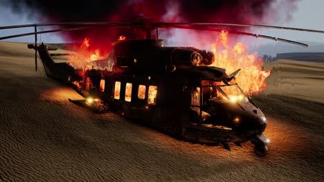 burned military helicopter in the desert at sunset