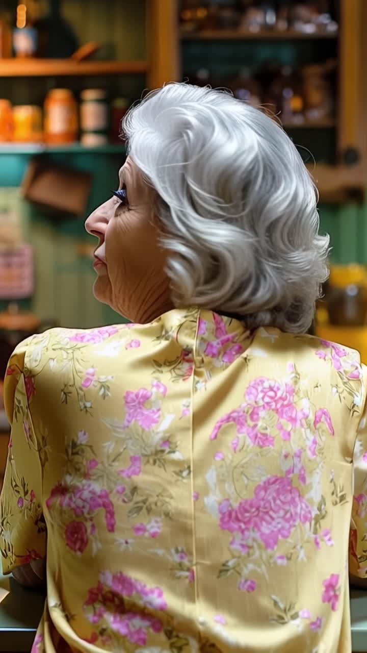 白髪の女性が顔を向けている。彼女は花柄の黄色い服を着ており、その表情からは喜びと楽しさがうかがえる。背景には居心地の良いヴィンテージな雰囲気が漂い、温かさや喜びのシーンに最適である。
