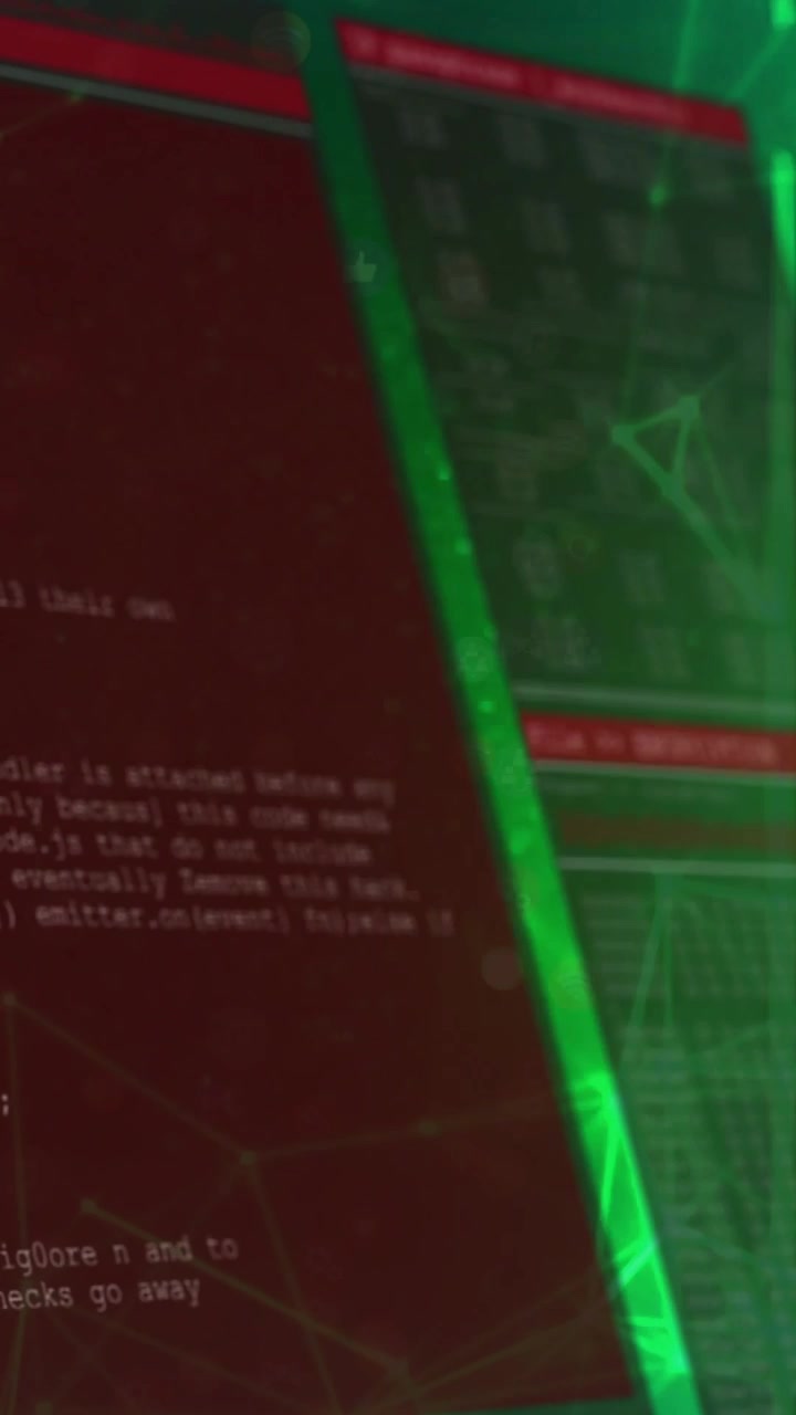 Vertical video: Neon net pulsing, tilted dash sliding, scrolling log showing data for monitoring