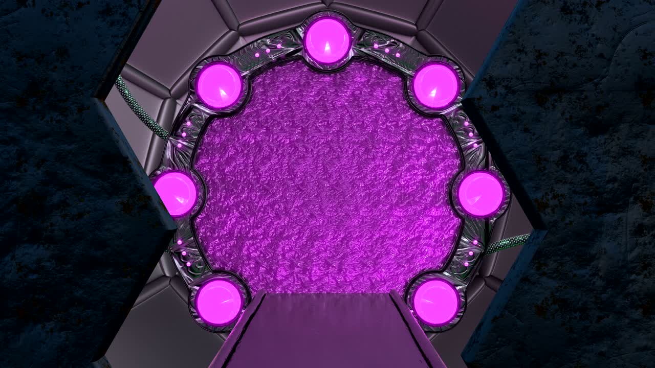 la escotilla oxidada de hierro abre una vista panorámica a la escena del paisaje de la nave espacial. fondo abstracto 3d de corredor de ciencia ficción con portal. tecnología futurista abstracto vj para títulos tecnológicos y fondo.