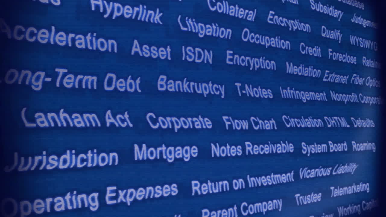 animación de términos legales y financieros sobre un fondo azul