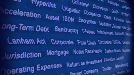 animating legal and financial terms over blue background