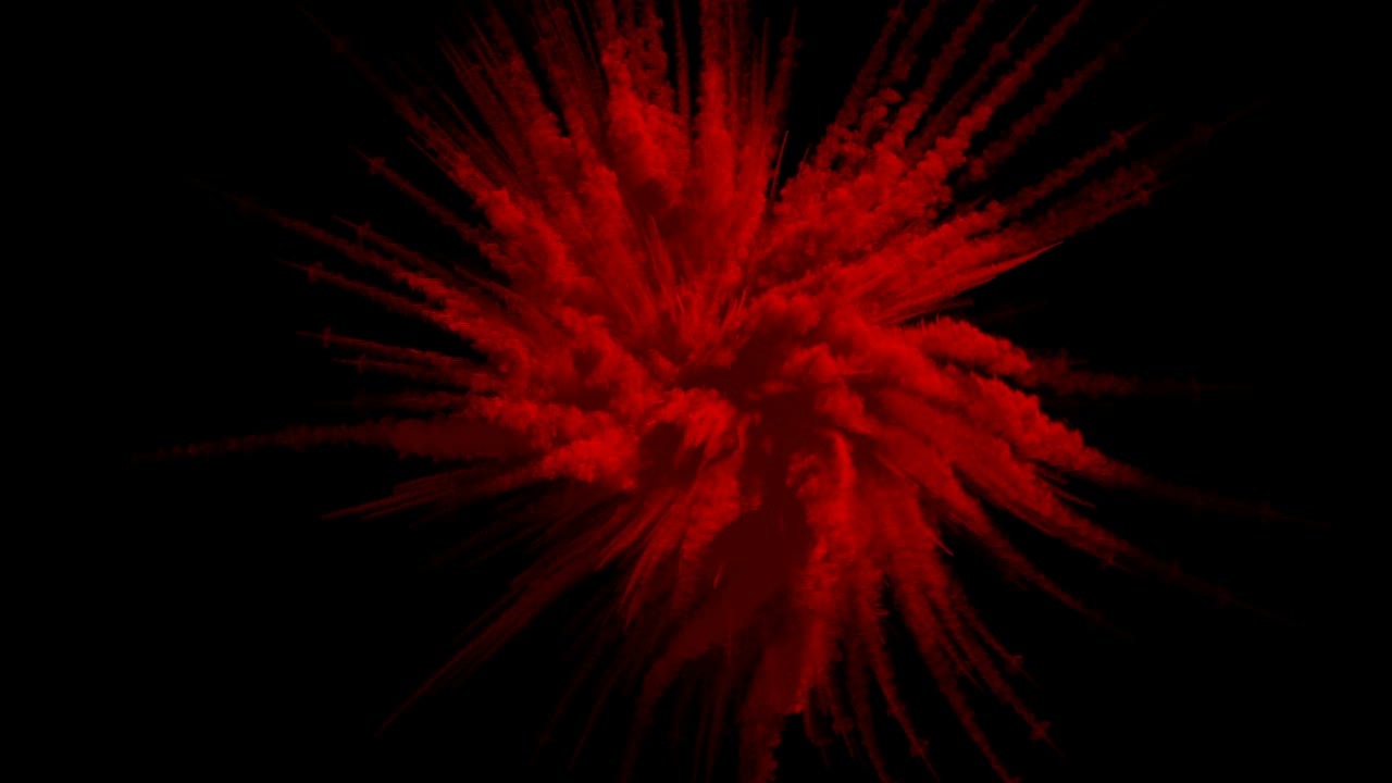 Cg animation of red powder explosion on black background. Slow motion movement with acceleration in the beginning. Has alpha matte