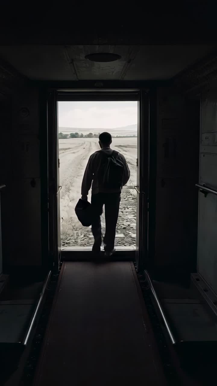 Vídeo vertical: Viajero saliendo con una bolsa de lona y una mochila, bajando de la puerta del tren a la grava y al campo