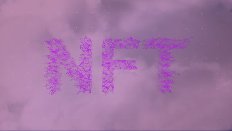 digital animation of nft text with dots against purple background, copy space