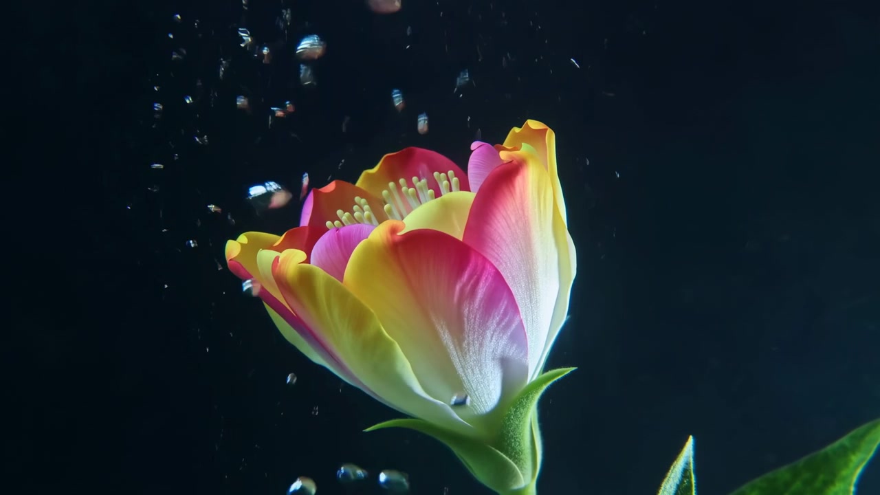 Bright pink, yellow, and white petals fill a close view while small bubbles drift upward through dark water, revealing green sepals and a leaf along the lower edge.