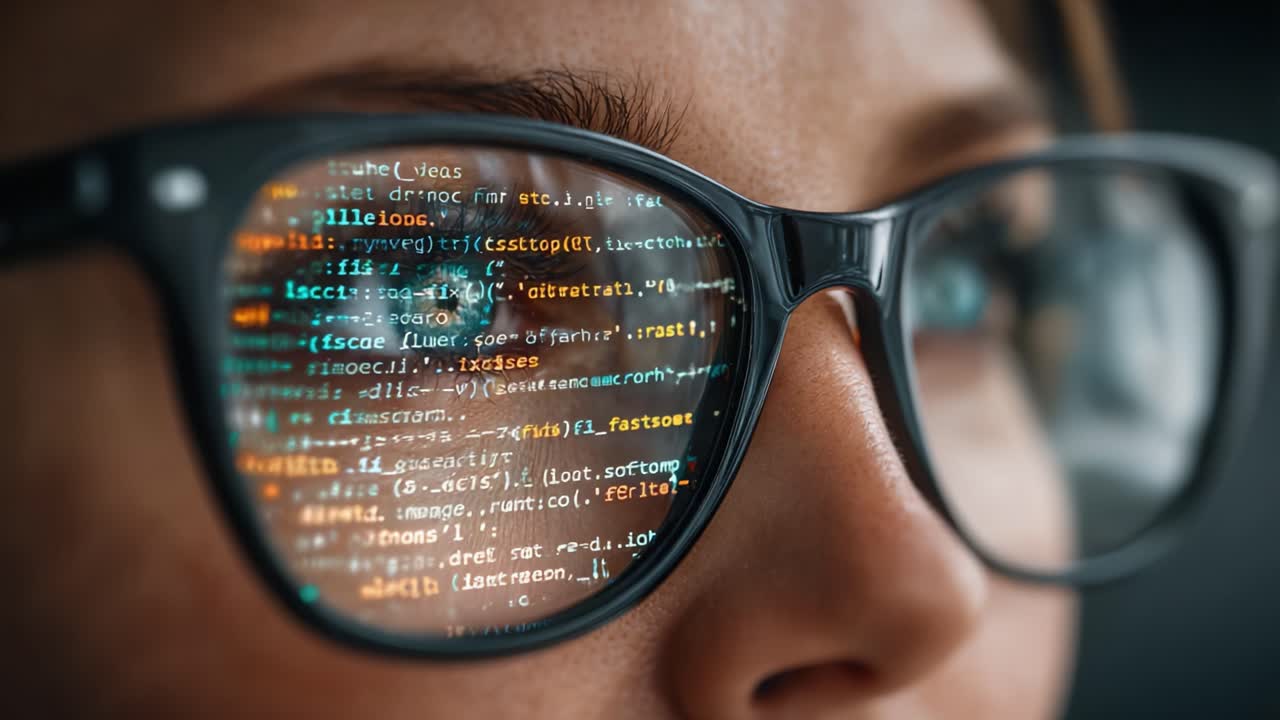 An Intense Glimpse Into the World of Coding: Reflections of Computer Code in Glasses Capturing the Journey of a Programmer's Vision and Insight