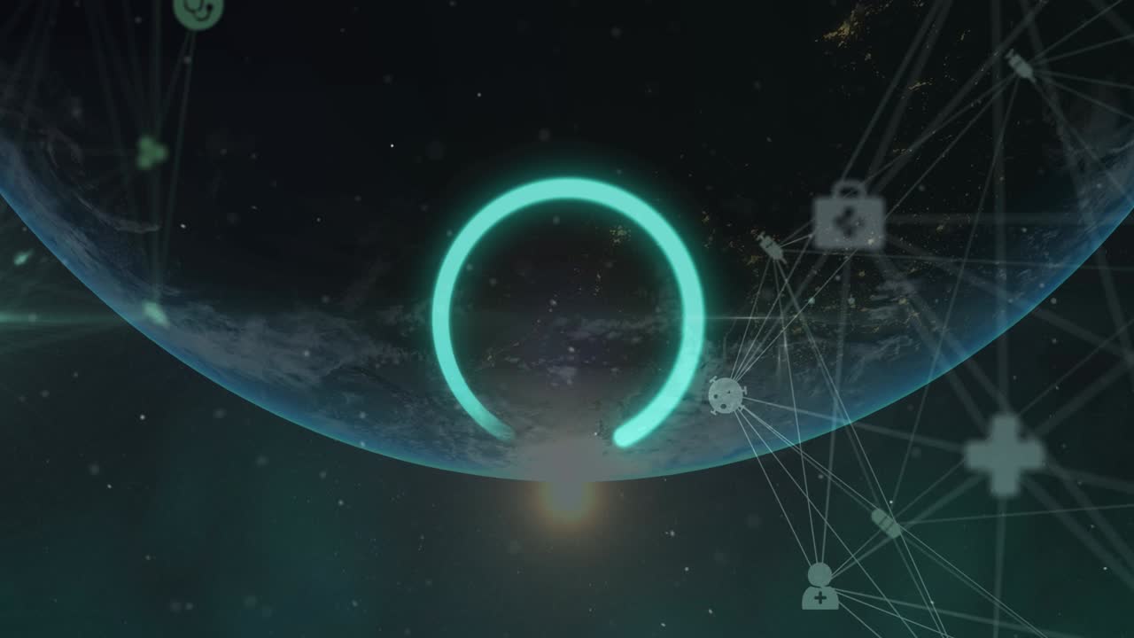 로딩 서클 아이콘과 전 세계 연결 네트워크의 애니메이션