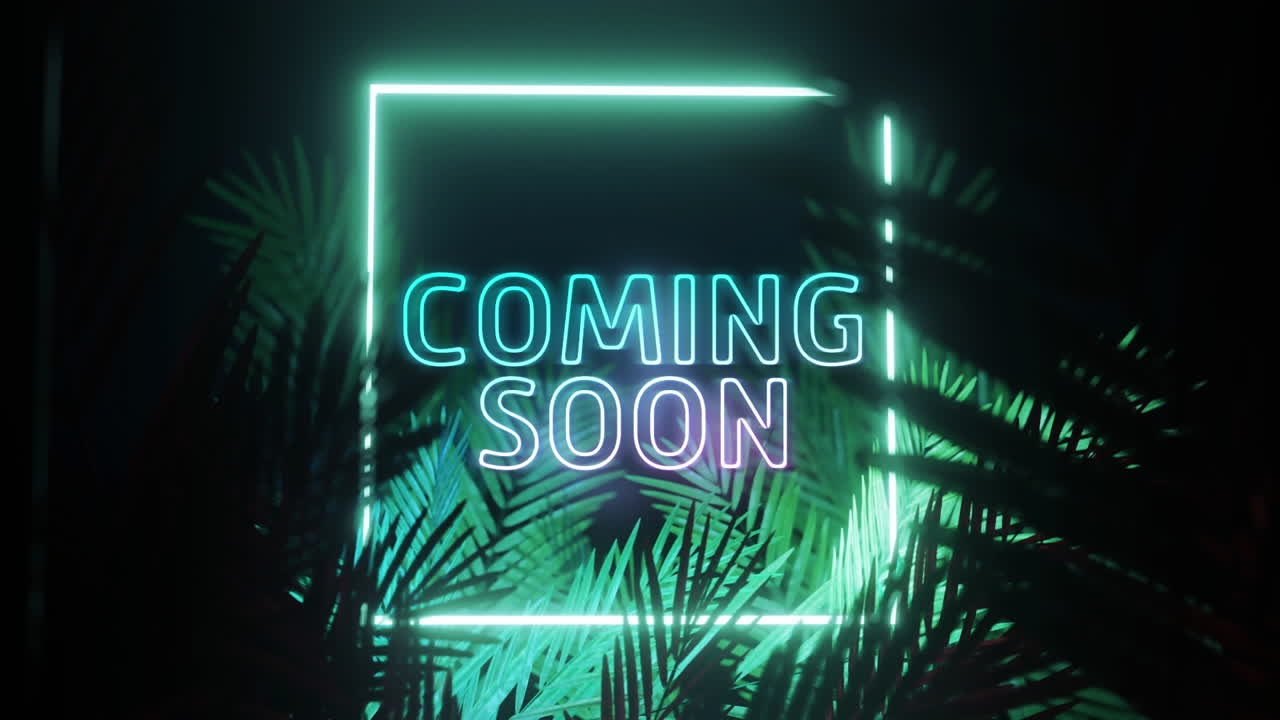 블루 네온 색의 텍스트와 사각형 프레임, 검은색 배경의 잎 위에 있는 애니메이션