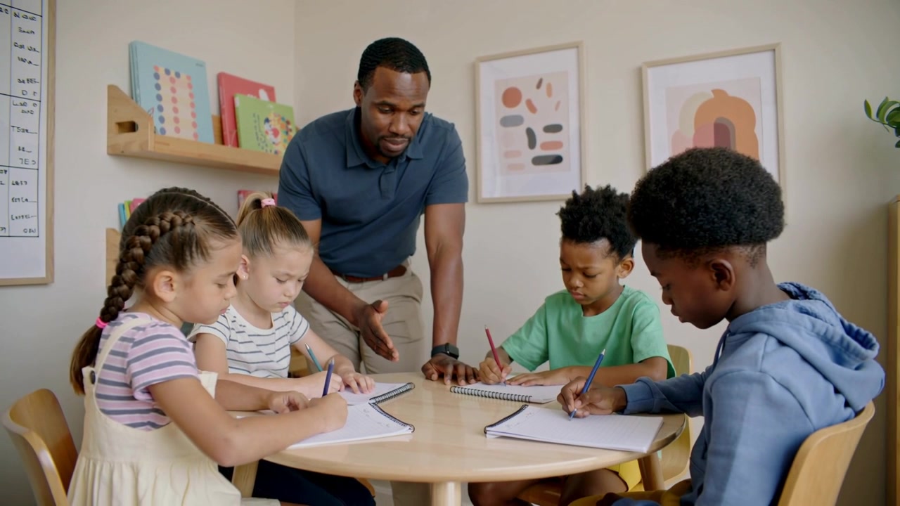Insegnante in polo blu che indica, guida quattro bambini che scrivono con le matite al tavolo della scuola per finire.