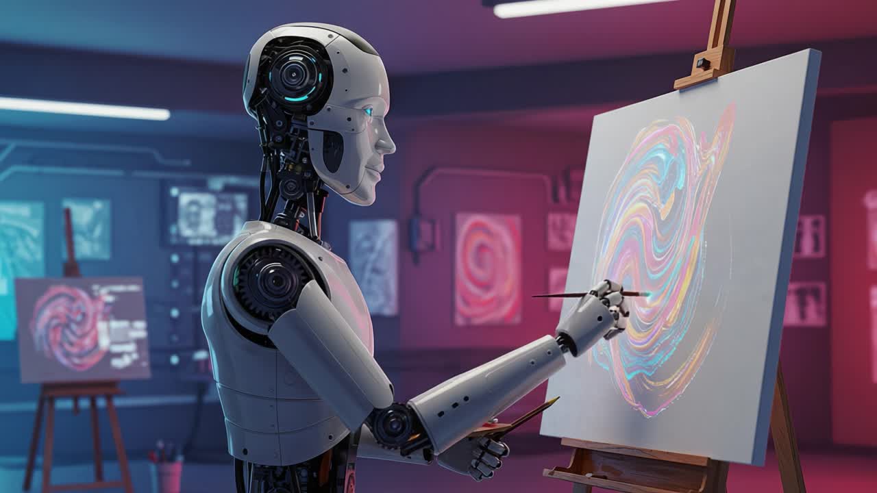 AI Artist Creating Masterpiece: A Robot Ingeniously Painting a Colorful Swirling Design on Canvas while Showcasing Advanced Technology in an Artistic Environment