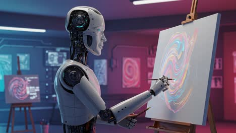 ai artist creating masterpiece: a robot ingeniously painting a colorful swirling design on canvas while showcasing advanced technology in an artistic environment