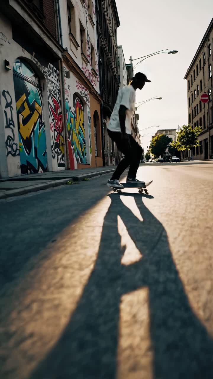 A skateboarder glides through a graffiti-covered alley, captured from a low-angle shot