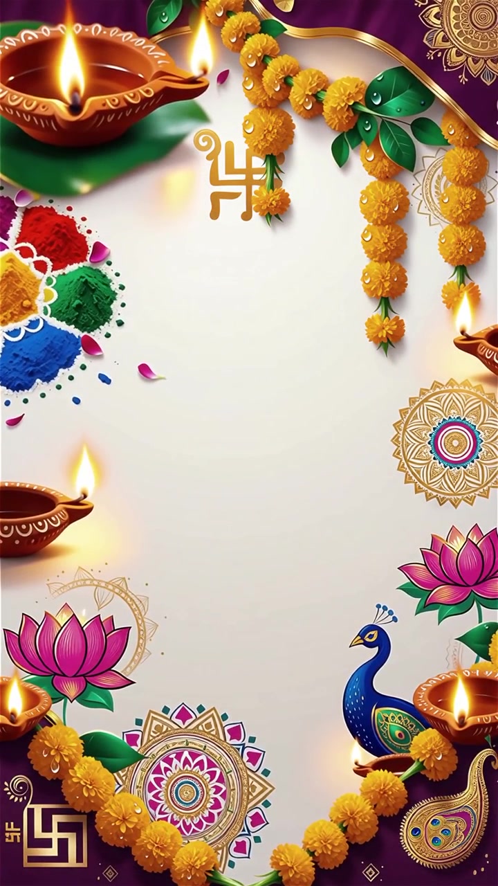 Sfondo Diwali con Diyas luminosi, Rangoli e fiori di loto