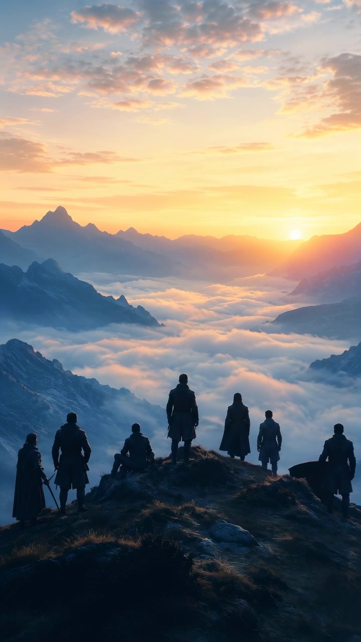 Small group of hikers remains silhouetted on a rugged summit ridge while sunrise brightens distant mountain layers, low clouds, and textured sky in a wide elevated view.