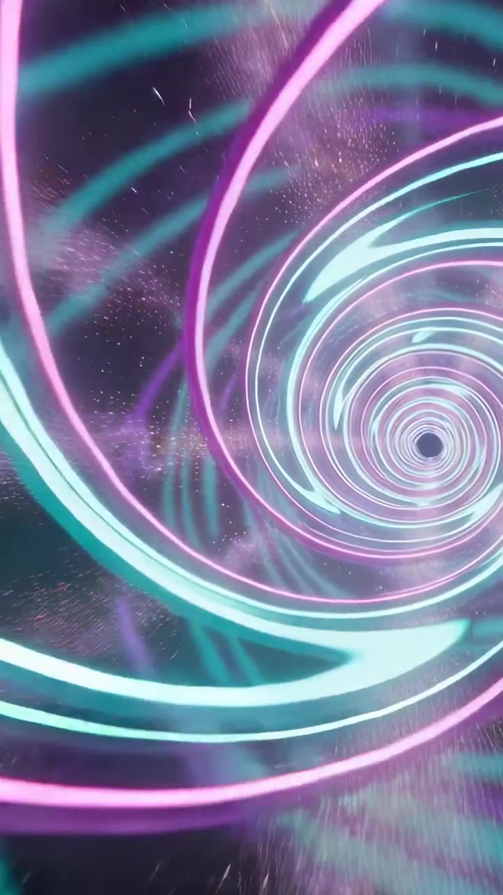 Video verticale: Telecamera in movimento che entra in un tunnel al neon in un vuoto nero nello spazio per un viaggio.