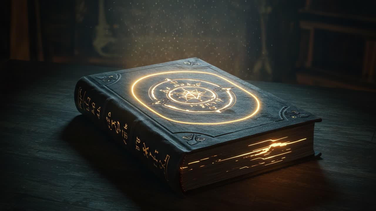 A Mystical Grimoire Unveiling Magical Secrets: The Enchanted Tome Glows with Arcane Symbols in an Enigmatic Library Setting