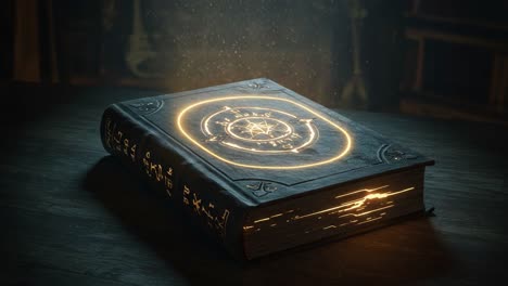 a mystical grimoire unveiling magical secrets: the enchanted tome glows with arcane symbols in an enigmatic library setting