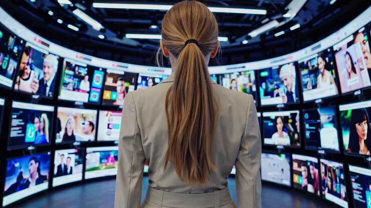 Modern control room with a businesswoman observing various data and media displayed across numerous screens, showcasing a high tech environment for monitoring and analysis