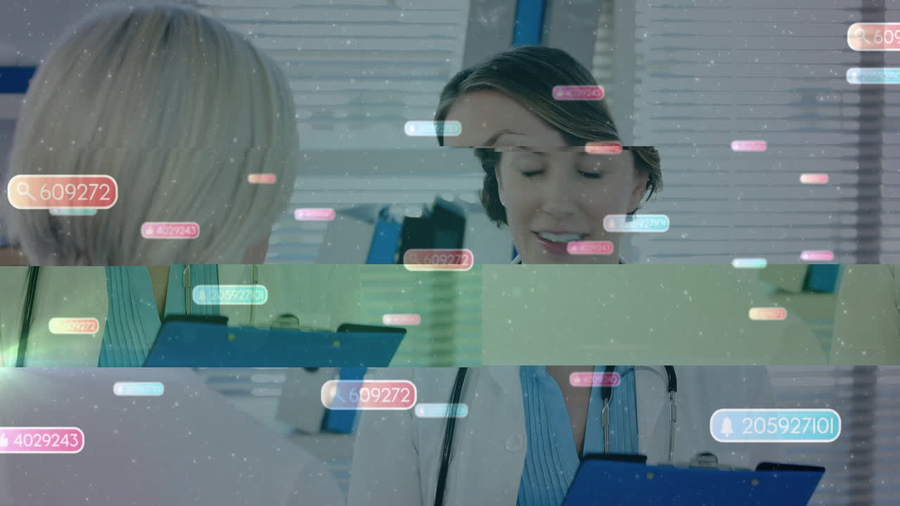 Medical data animation over doctors discussing patient information in hospital