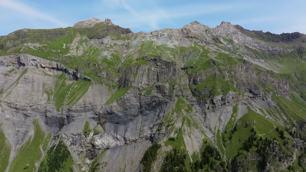 Aerial shot showcasing a dramatic alpine cliff with exposed geological layers and steep grassy slopes, under a blue sky