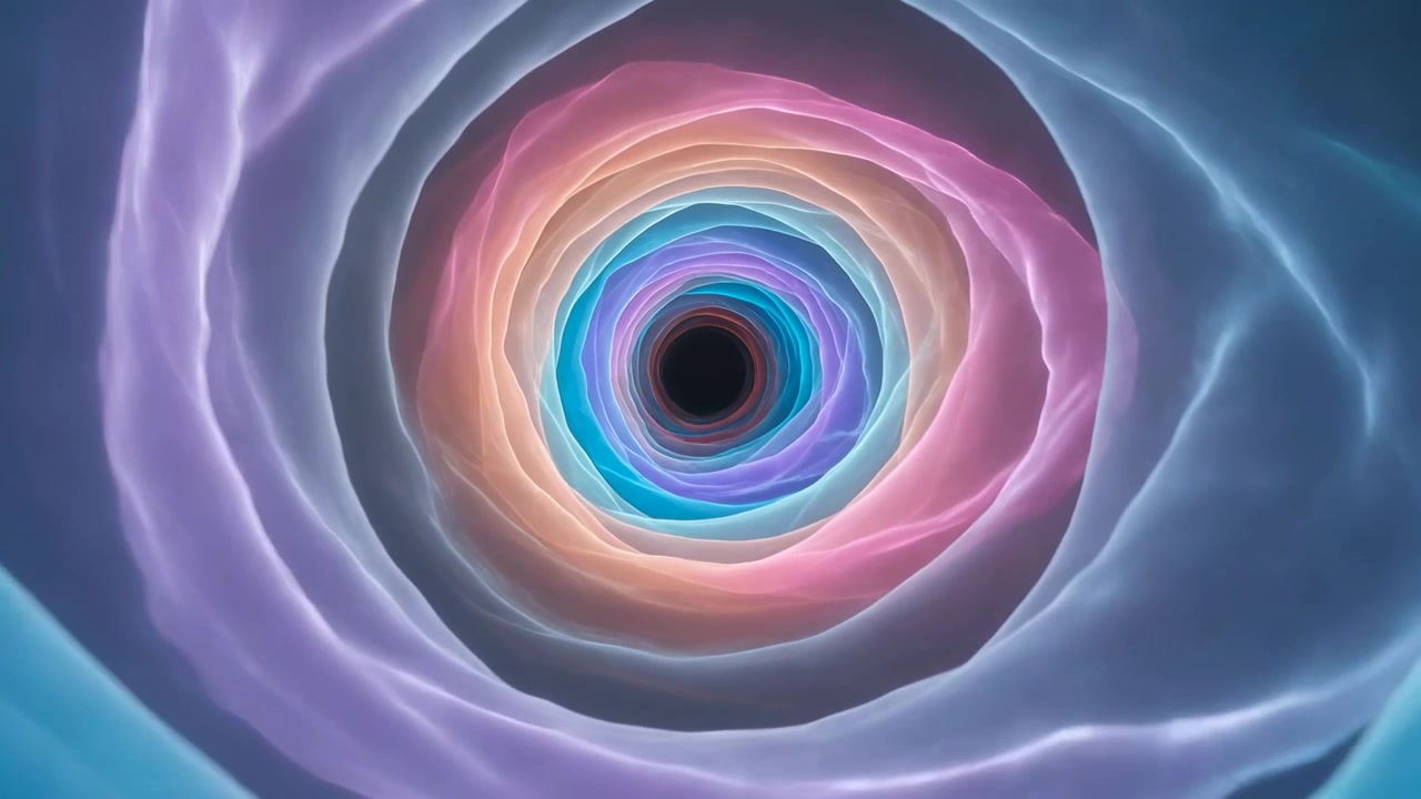 Advancing viewpoint through multicolor radial tunnel, revealing glowing ribbons and dark void