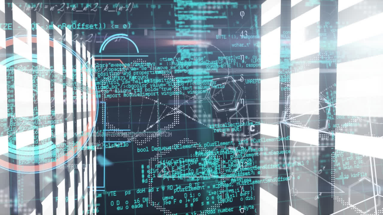 Animation of hexagonal shapes and data processing over light trails against blue background