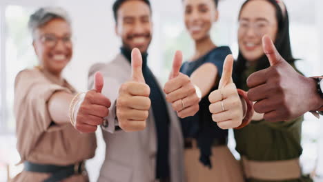 business people, hands or thumbs up in teamwork