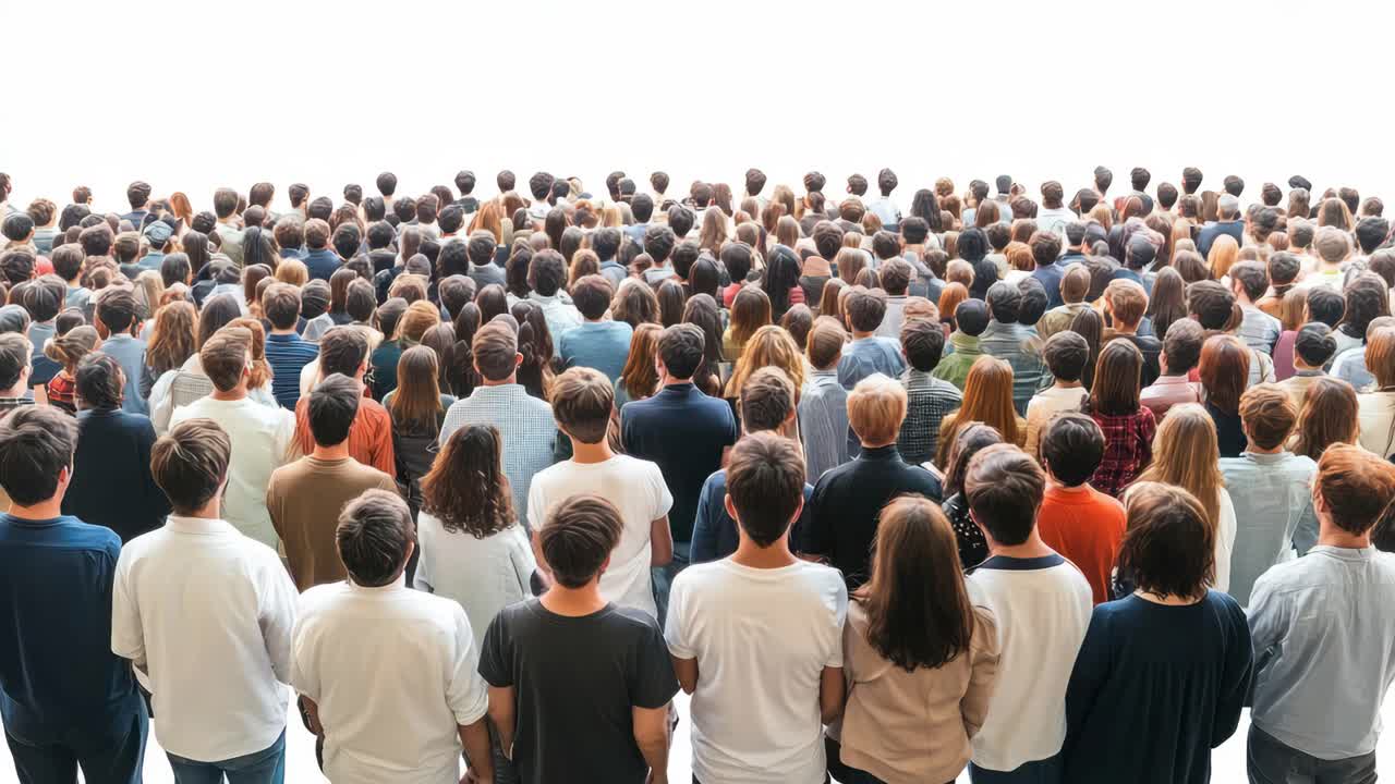 Aerial view of a large crowd facing a bright horizon, symbolizing unity and hope