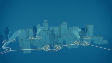 animation of networks of connections with people icons over 3d cityscape on blue background