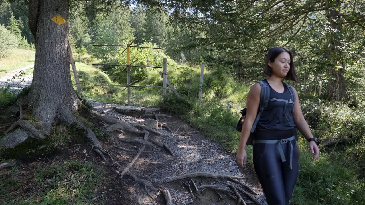 Young female hiker with backpack traverses on her way through a hilly mountain landscape with trees a turnstile that prevents animals from crossing the border