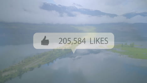 social media like bubble hovering over peninsula extending into calm lake, showing 243,531 likes