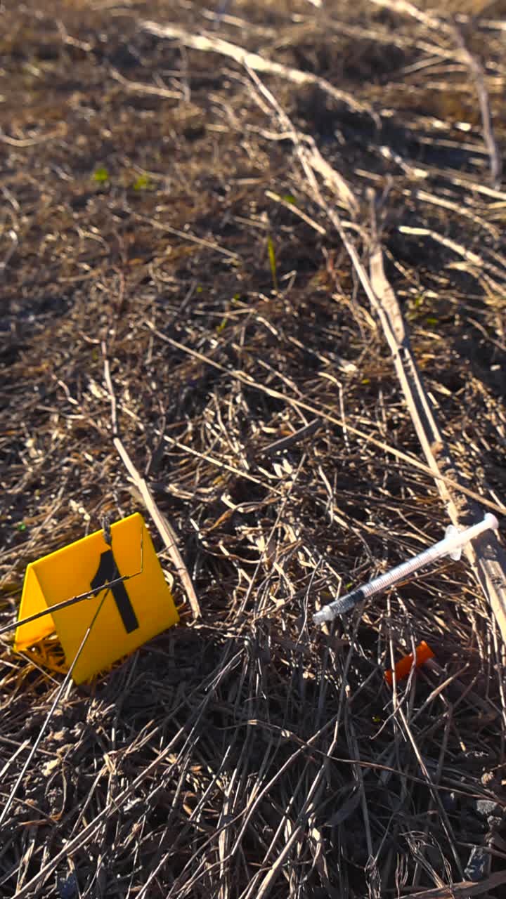Scena investigativa che mostra un indicatore giallo di prova con il numero uno posizionato accanto a una siringa abbandonata adagiata sull'erba secca, suggerendo uso di droga o attività criminale.