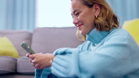 Smile,-message-and-phone-with-woman-in-living-room