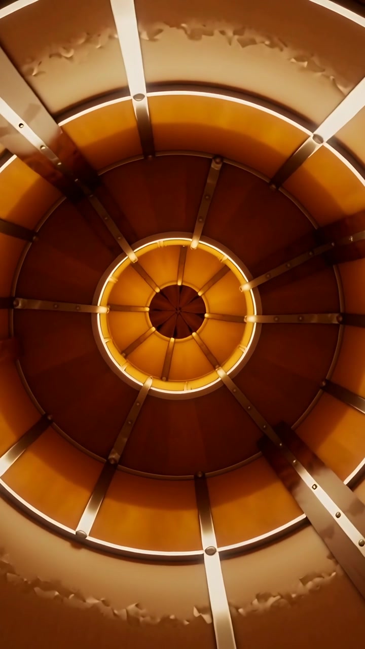 Video verticale: Telecamera che si inclina ruotando il soffitto di un serbatoio, rivelando mozzo, anello, nervature e vernice scrostata.